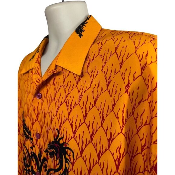 Mens Vintage Rockabilly Orange Black Embroidered Dragons Flames Button Up Shirt - Picture 5 of 7